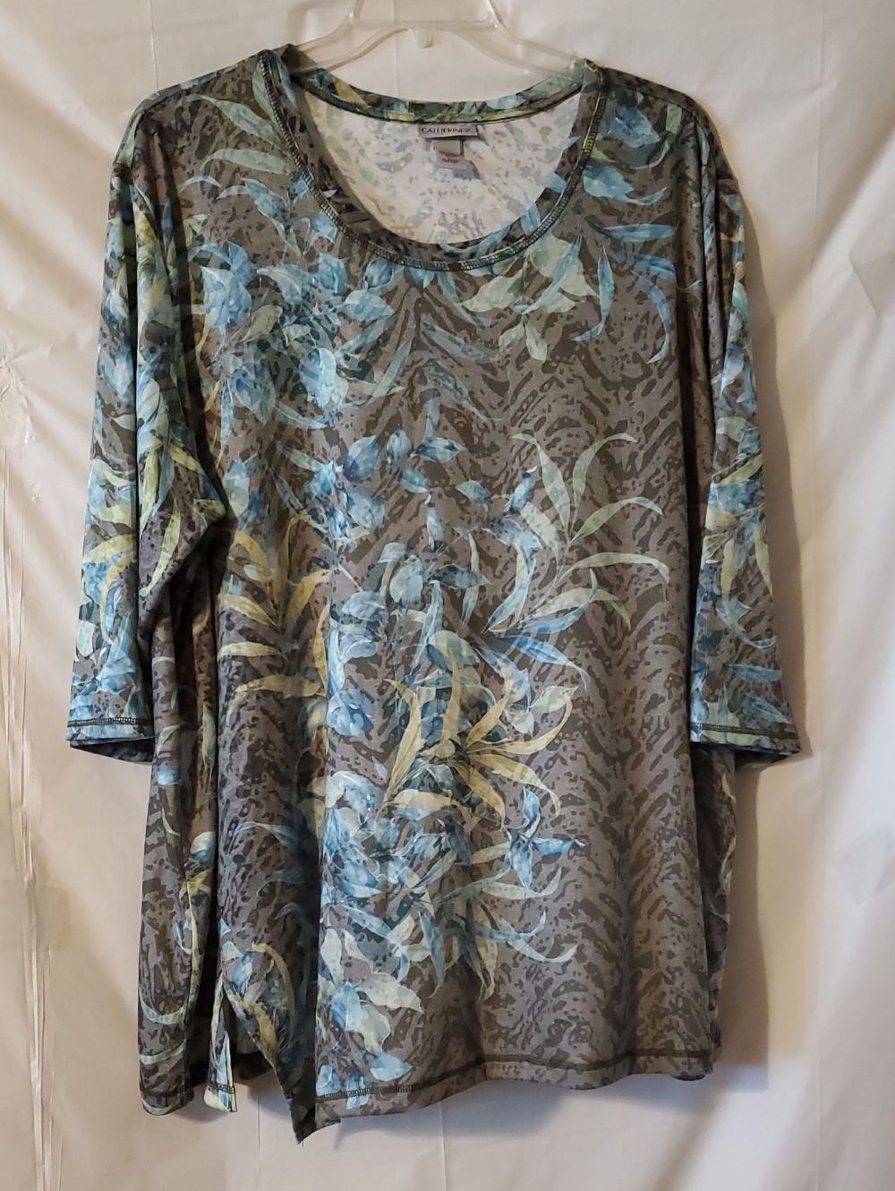 Catherines elegant peacock colors long sleeve top asymmetric hem with slit 3X